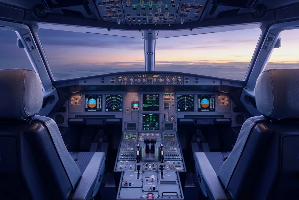 Cockpit eines Verkehrsflugzeugs in der Morgendämmerung.