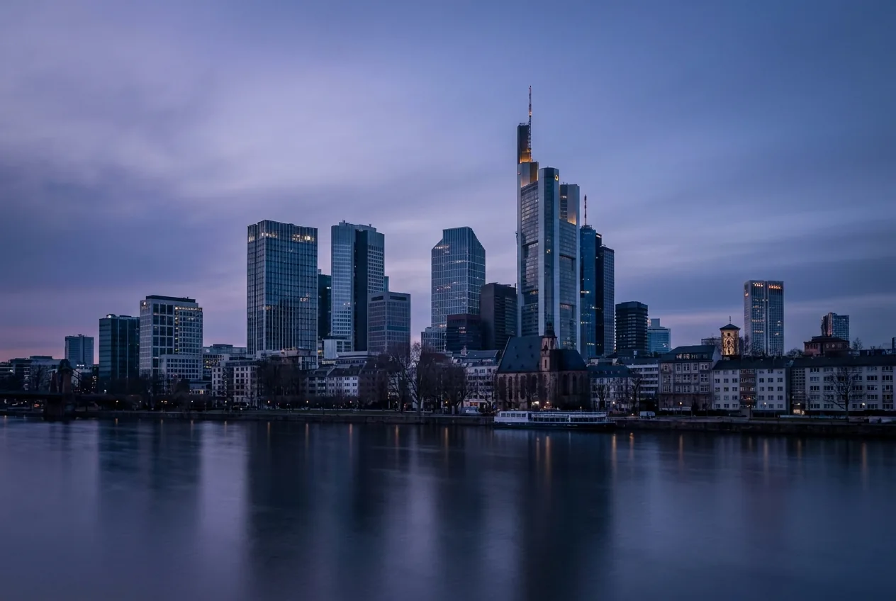 Bankenskyline einer Großstadt in der Abenddämmerung.