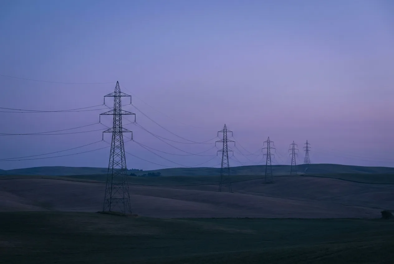 Hochspannungsleitungen über offener Landschaft in der Dämmerung.