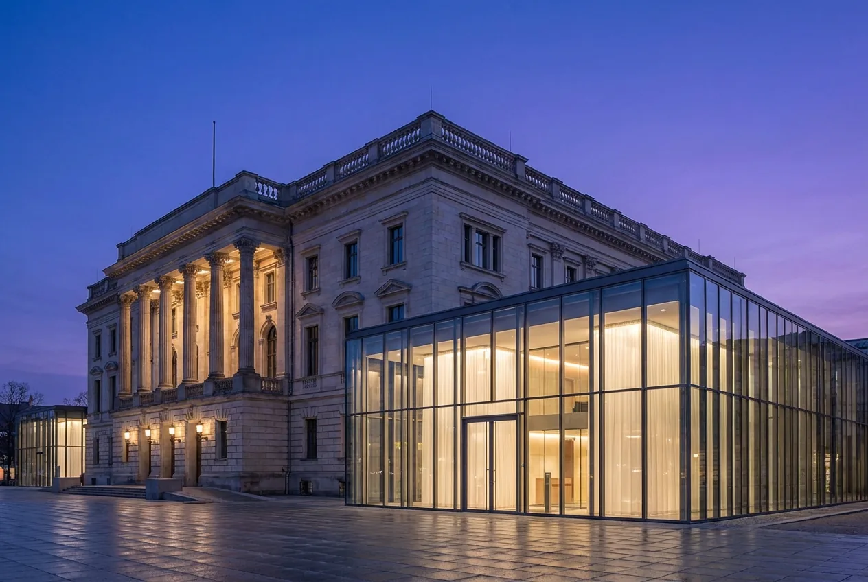 Historisches Verwaltungsgebäude mit modernem Glasanbau in der Abenddämmerung.