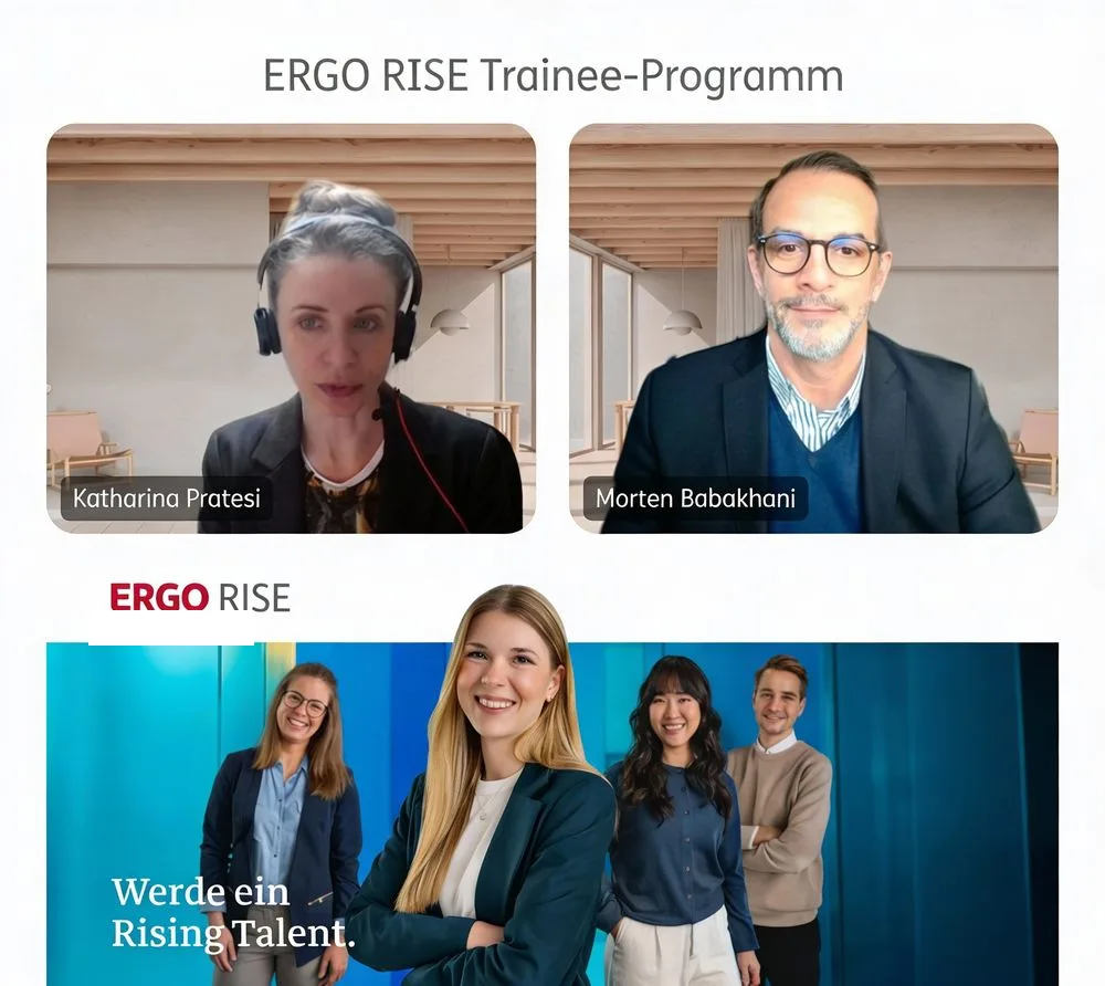 Zwei Videokacheln einer Onlinebesprechung mit Katharina Pratesi und Morten Babakhani, darunter die Programmseite von ERGO RISE mit dem Slogan „Werde ein Rising Talent“.