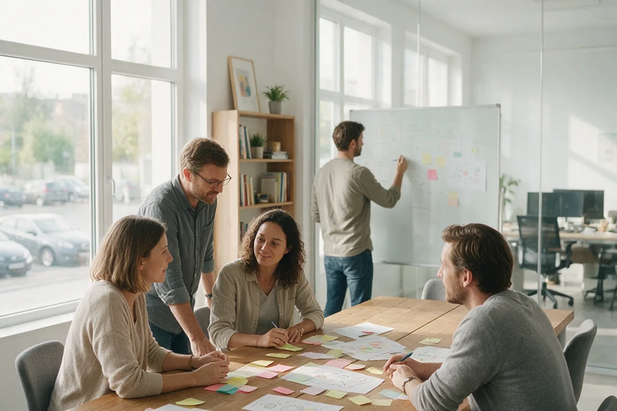 Vier Personen an einem langen Holztisch mit Notizzetteln und ausgedruckten Prozessskizzen, im Hintergrund schreibt jemand an einem Whiteboard.