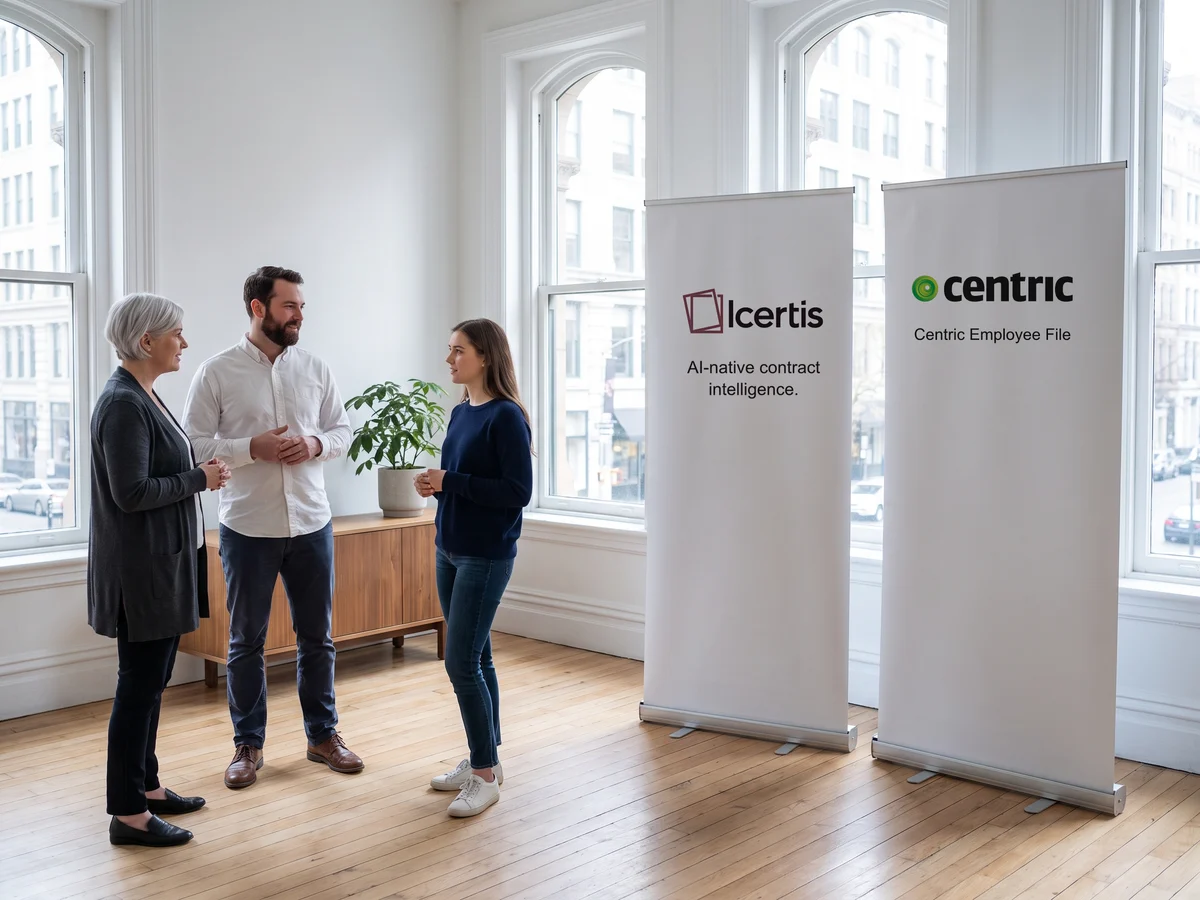 Drei Personen im Gespräch in einem hellen Büro, daneben zwei Roll-up-Banner: Icertis mit dem Untertitel „AI-native contract intelligence.“ und Centric mit dem Untertitel „Centric Employee File“.