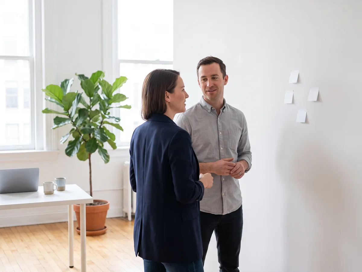 Zwei Consultants stehen an einer Wand mit Notizzetteln und besprechen die Planung.